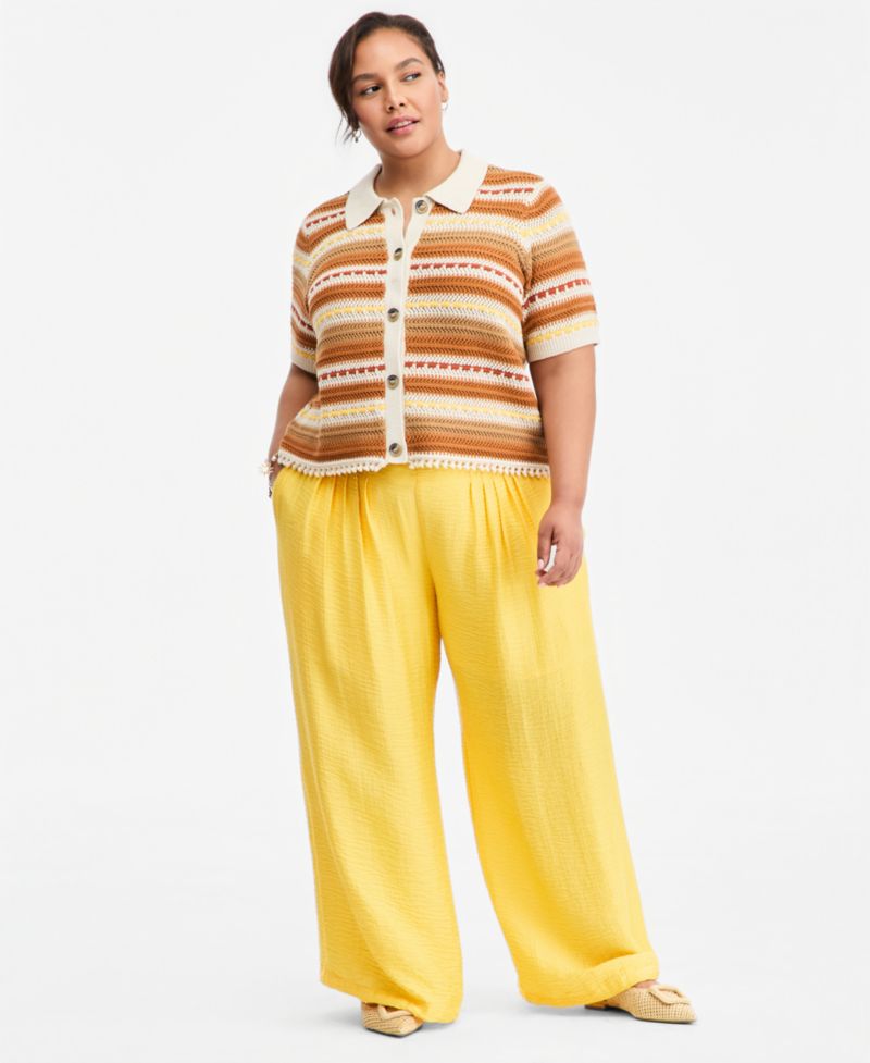 Trendy Plus Size Textured Stripe Collared Cardigan