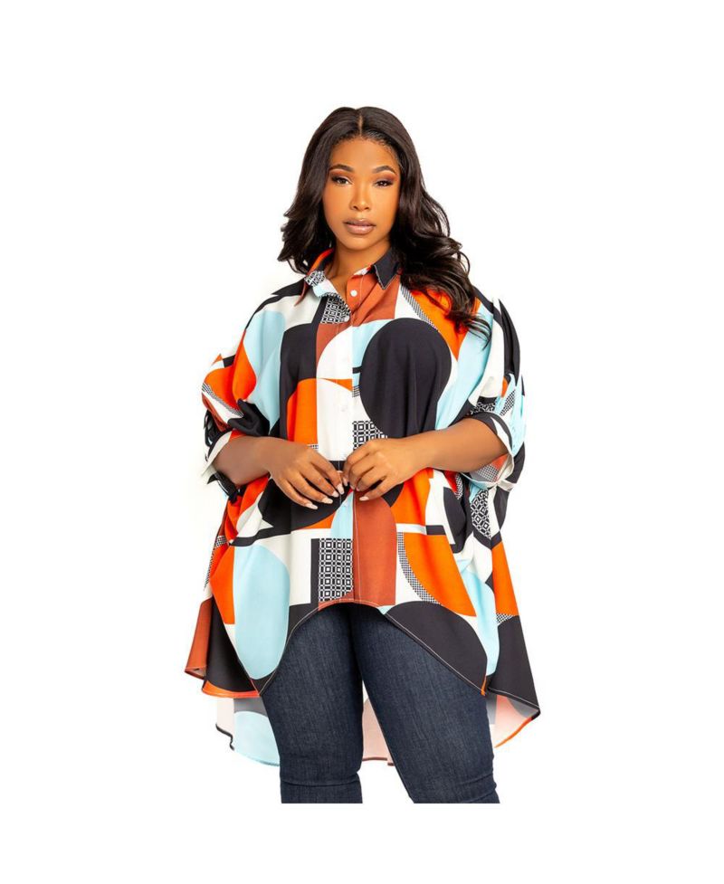 Plus Size Geometric Print Flowy Hi-lo Blouse