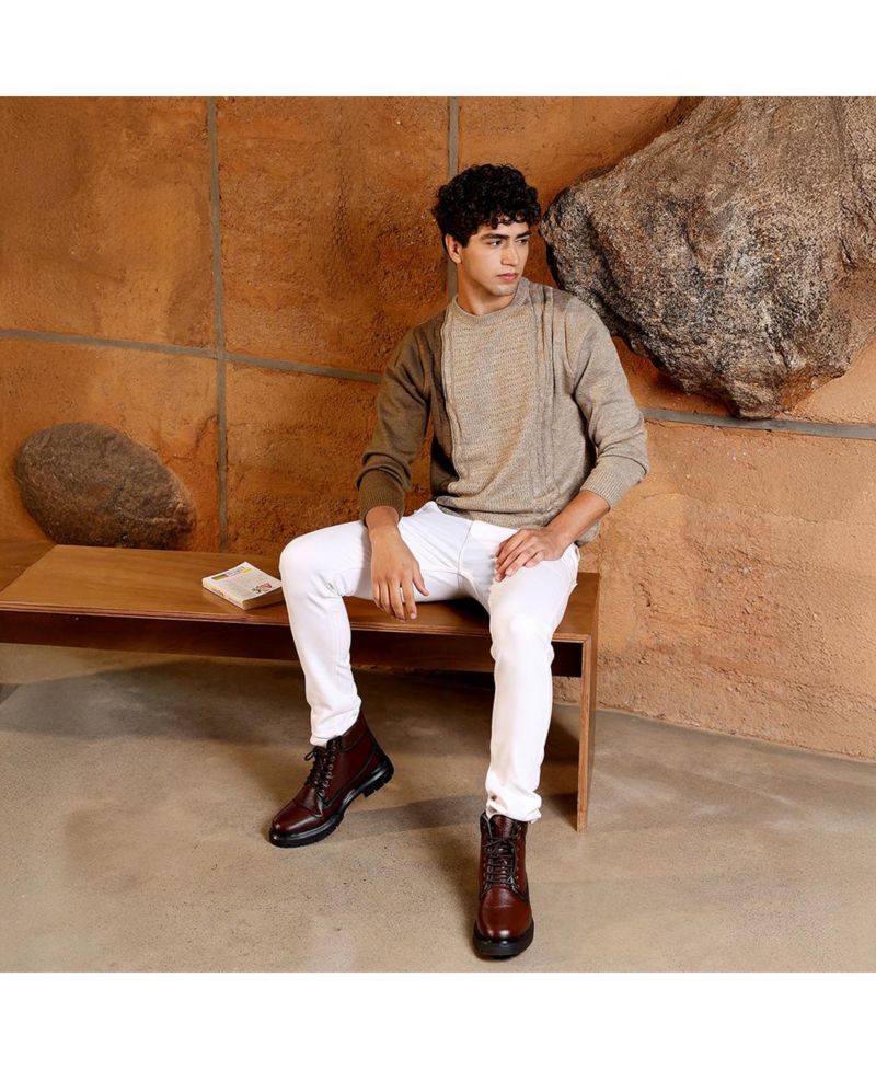 Men's Sand Beige Textured-Jacquard Knit Pullover Sweater
