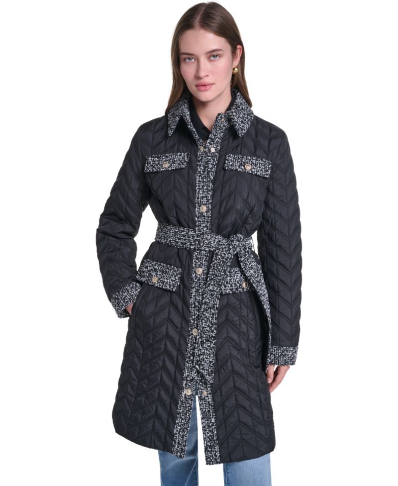 Women's Long Quilted Tweed-Trim Coat