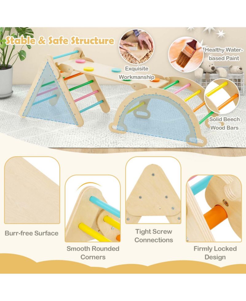 3-in-1 Wooden Climber with Triangle, Arch, and Ramp, 3-Piece Set