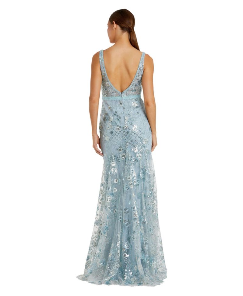 Women's Floral Embellished Sleeveless Plunge Neck Gown