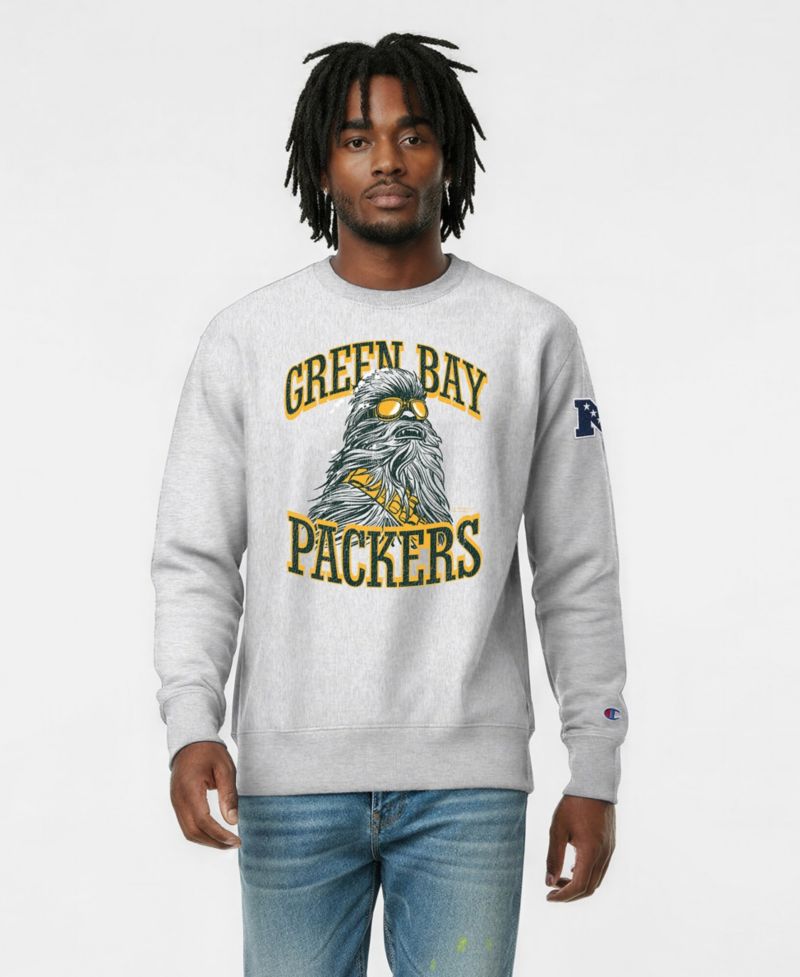 Men's Silver Green Bay Packers Disney X Champion Reverse Weave Fleece Crewneck Sweatshirt