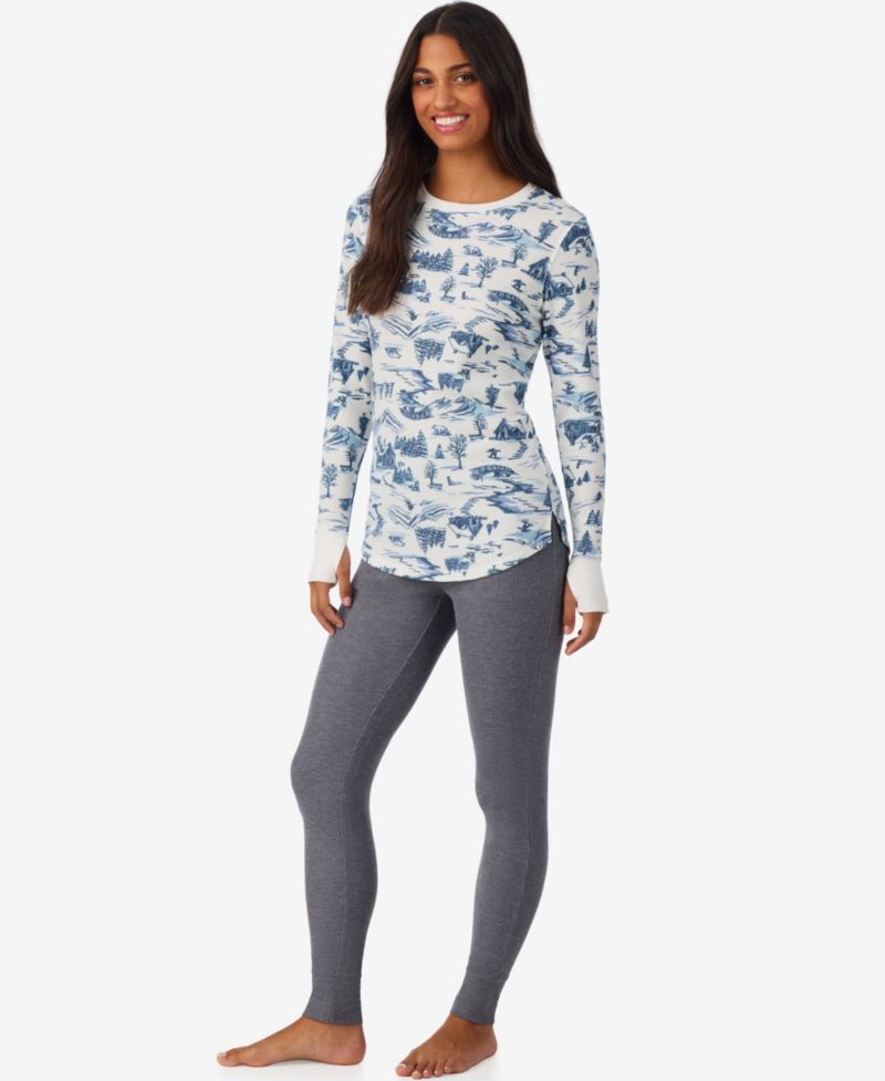 Women's Waffle-Knit Thermal Stretch Long-Sleeve Crew-Neck Top
