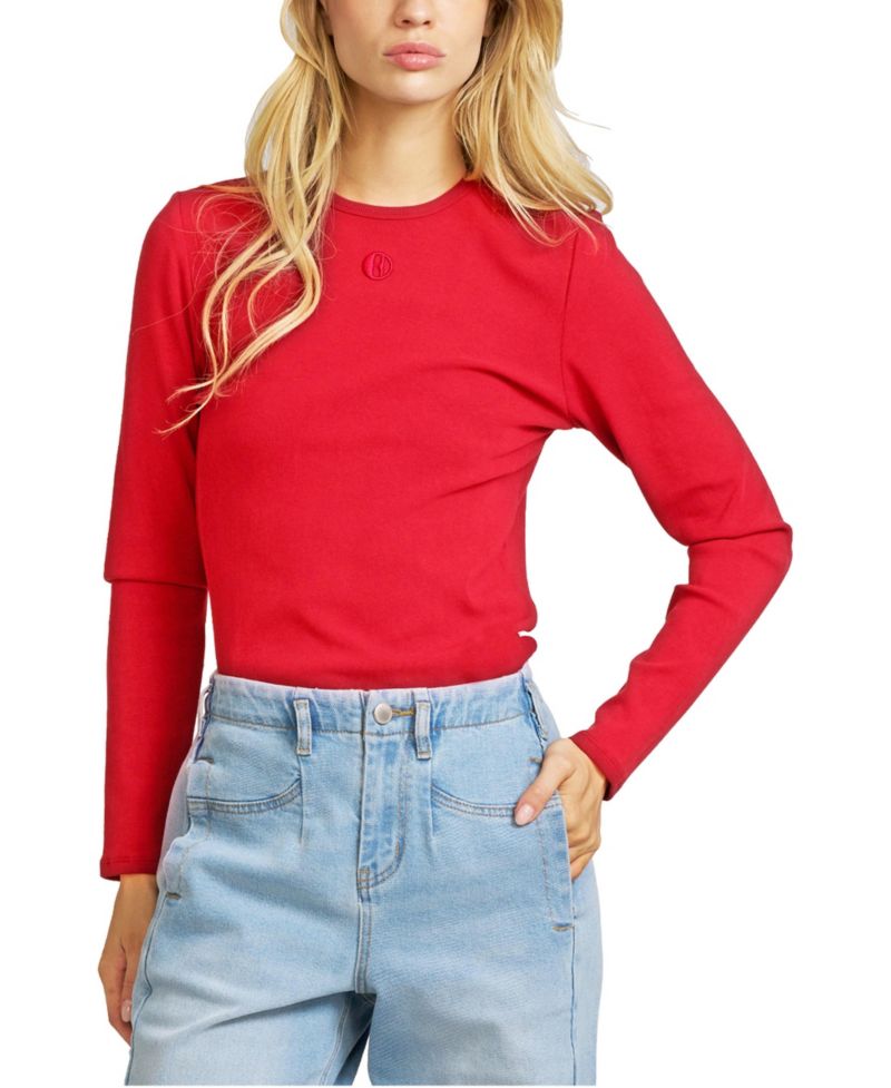 Women's Embroidered Ribbed-Knit Long-Sleeve T-Shirt