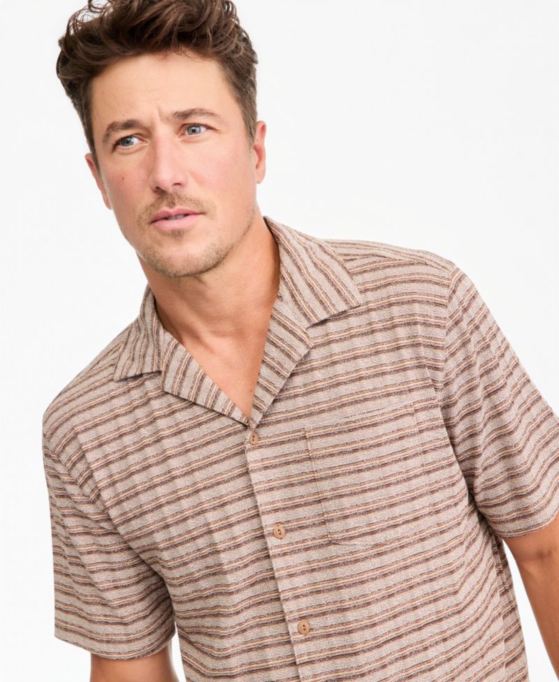 Men's Short-Sleeve Stripe Texture Pocket Camp Shirt