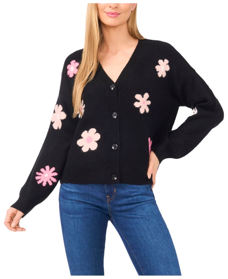 Women's Flower Pattern V-Neck Cardigan Sweater