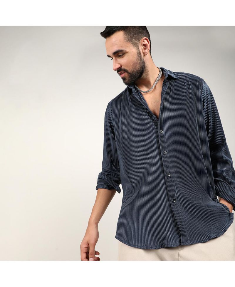 Men's Navy Blue Pleat-Creased Shirt