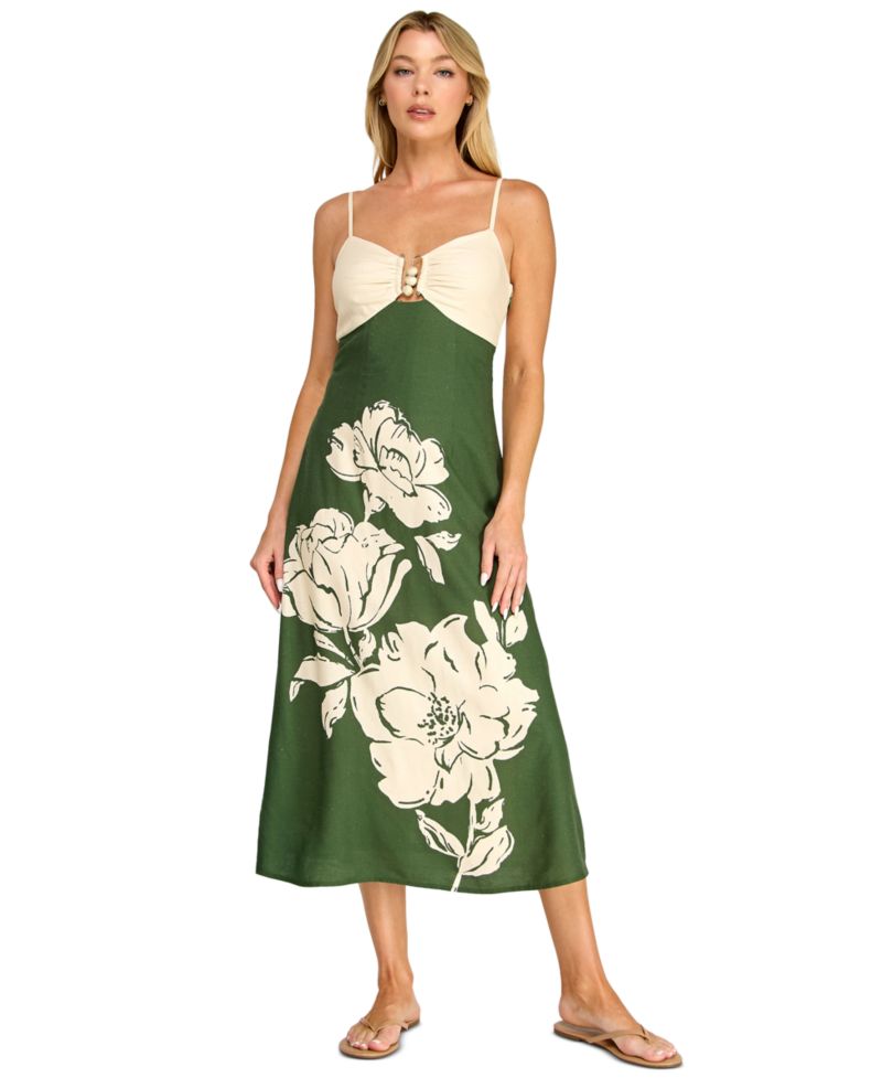 Juniors' Sleeveless Fit & Flare Midi Dress with Floral Placement Print