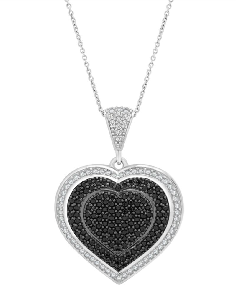 Black & White Diamond Heart Halo Cluster 18" Pendant Necklace (3/4 ct. t.w.) in Sterling Silver