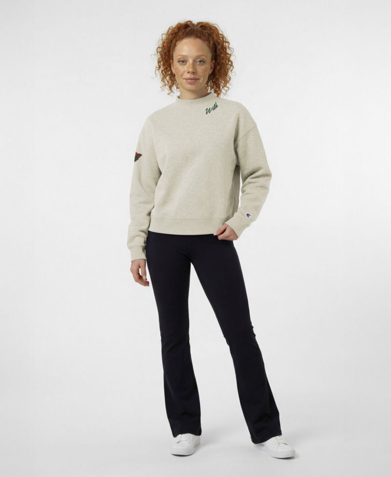 Women's Oatmeal Minnesota Wild Collar Script Triumph Fleece Crewneck Sweatshirt