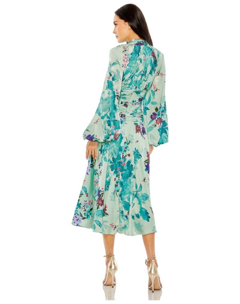 Women's Keyhole Satin Long Sleeve Floral Gown