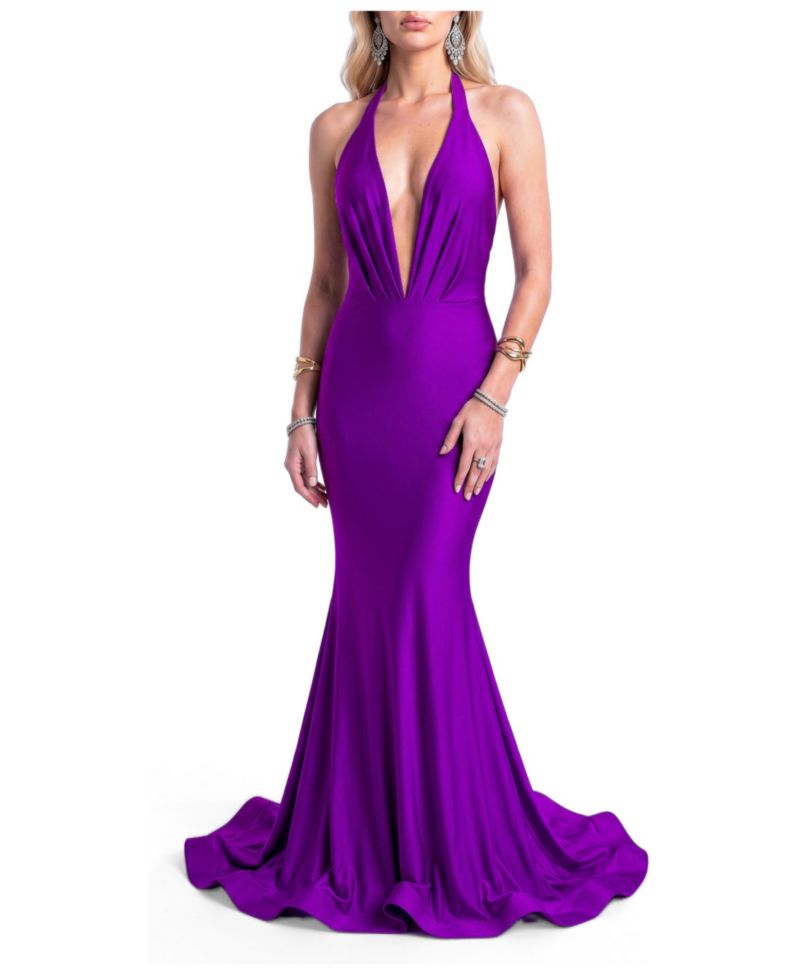 Women's Plunging Halter Open-Back Mermaid Gown