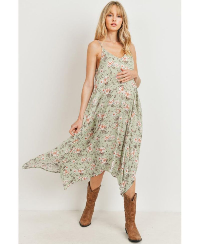 Women's Floral V-Neck Spaghetti Strap Midi Dress with Pockets
