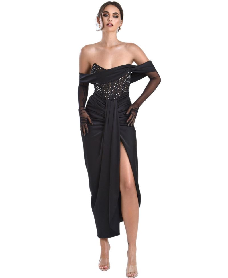 Women's Stella Black Off Shoulder Crystal Corset Satin Gown