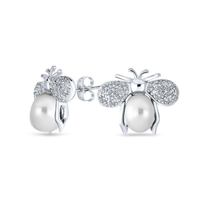 CZ Freshwater Pearls Bumble Bee Stud Silver Plated Accent