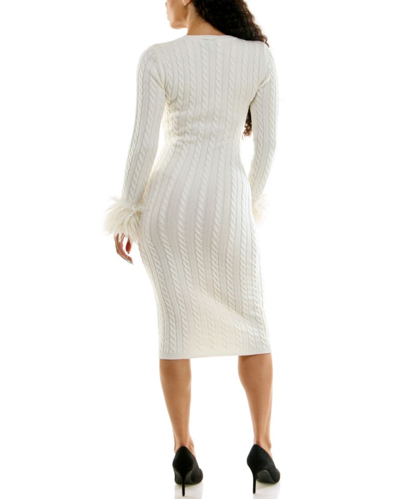 Juniors' Faux Fur Trimmed Mixed Stitch Midi Sweater Dress