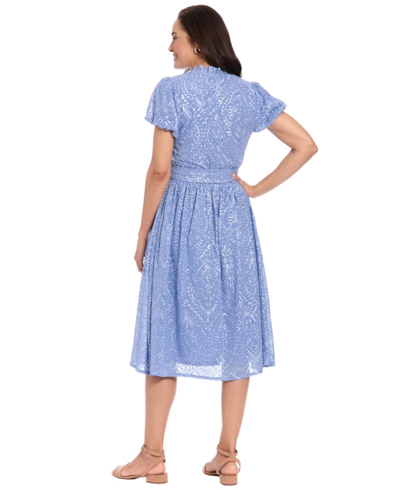 Petite Ruffle Neck Bubble-Sleeve Elastic Waistband Midi Dress