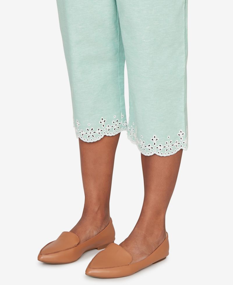 Women's Caribbean Blues Eyelet Embroidered Cuff Capri Pants