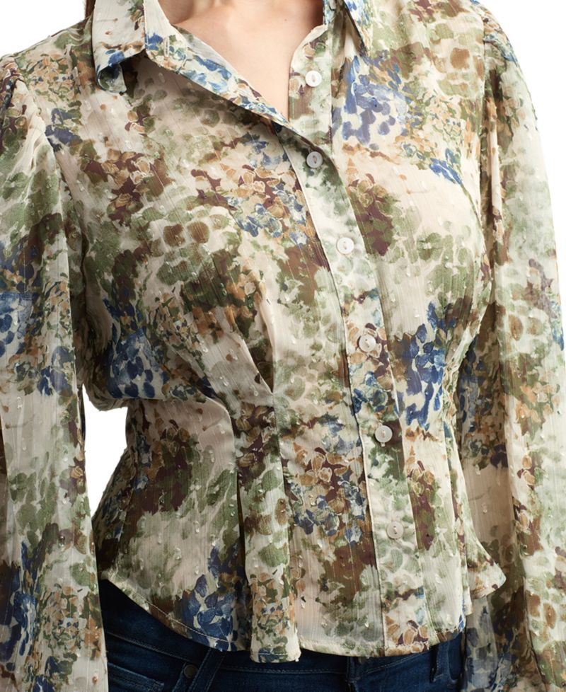 Juniors' Floral-Print Sheer Long-Sleeve Blouse