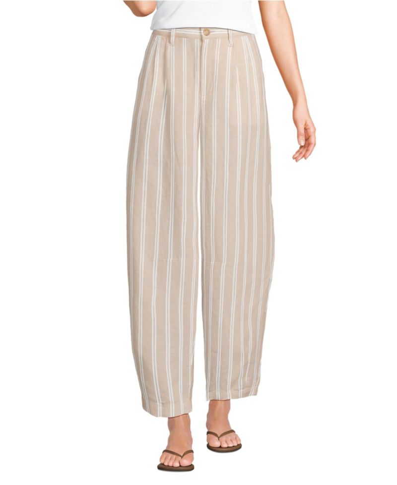 Women's Linen High Rise Pleated Barrel Leg Ankle Pants