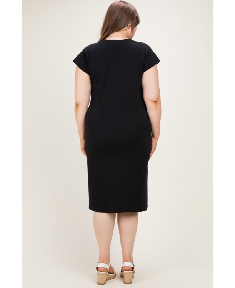 Plus Size Black Round Neck Short Sleeve Midi Dress