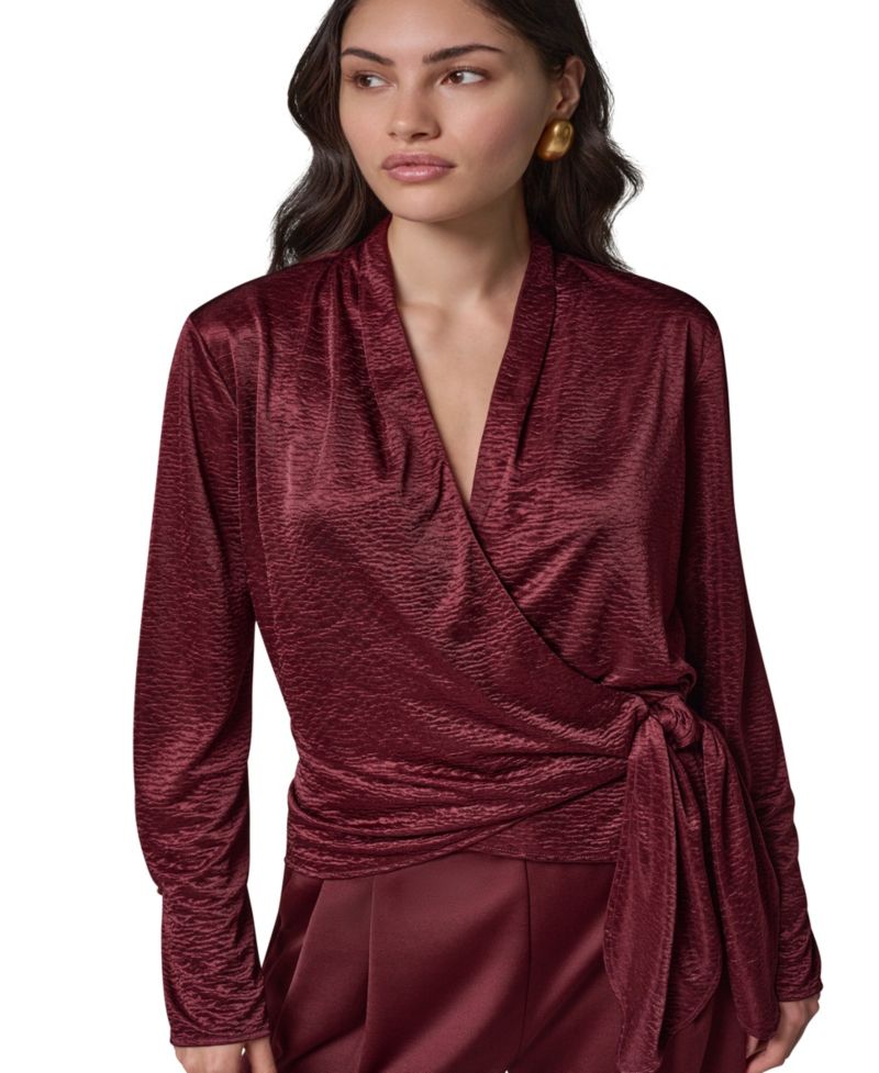 Women's Long-Sleeve Crinkled V-Neck Blouse