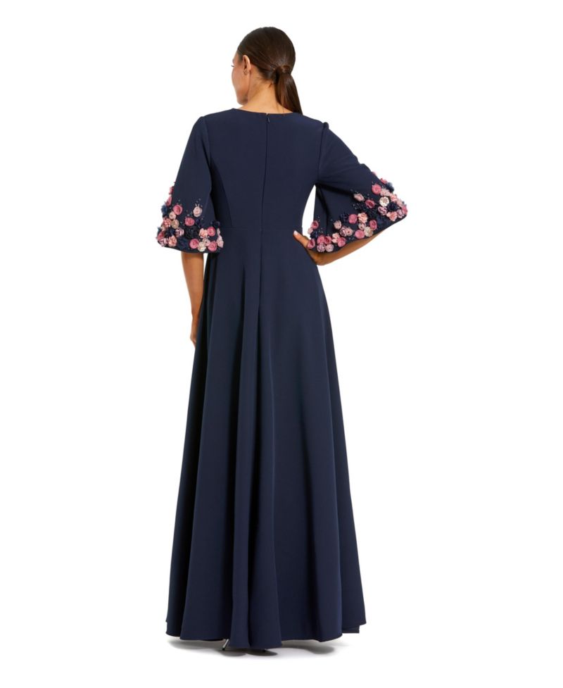 Women's Crepe 3/4 Sleeve A-line Gown With Flower Trim
