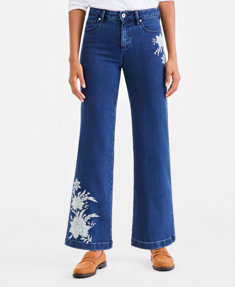 Petite Freya High-Rise Wide-Leg Floral-Embroidered Jeans