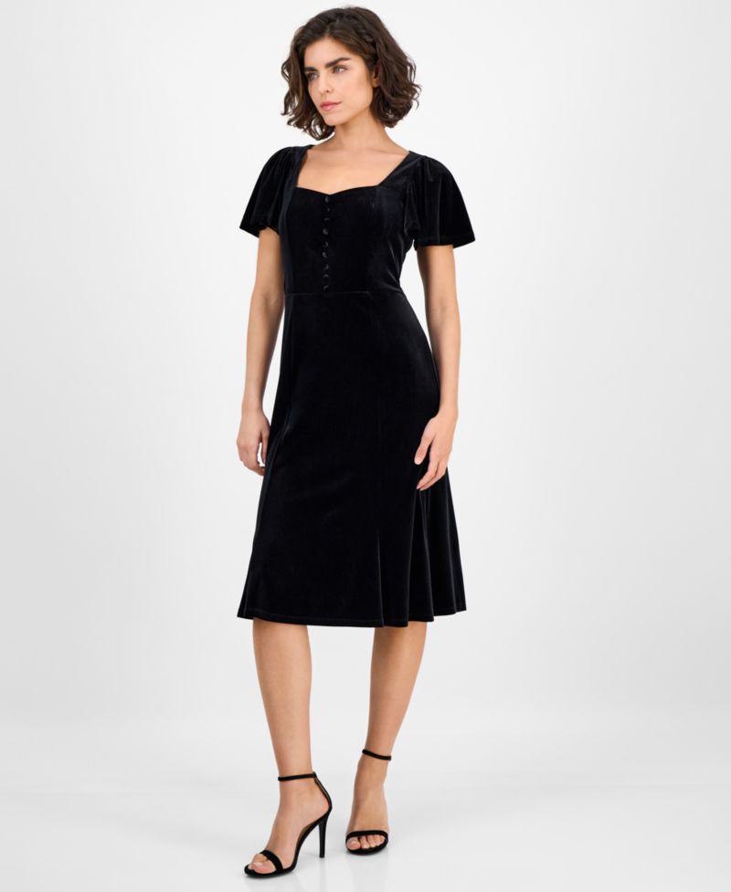Women's Sweetheart-Neck Puff Sleeve Velvet Midi Dress