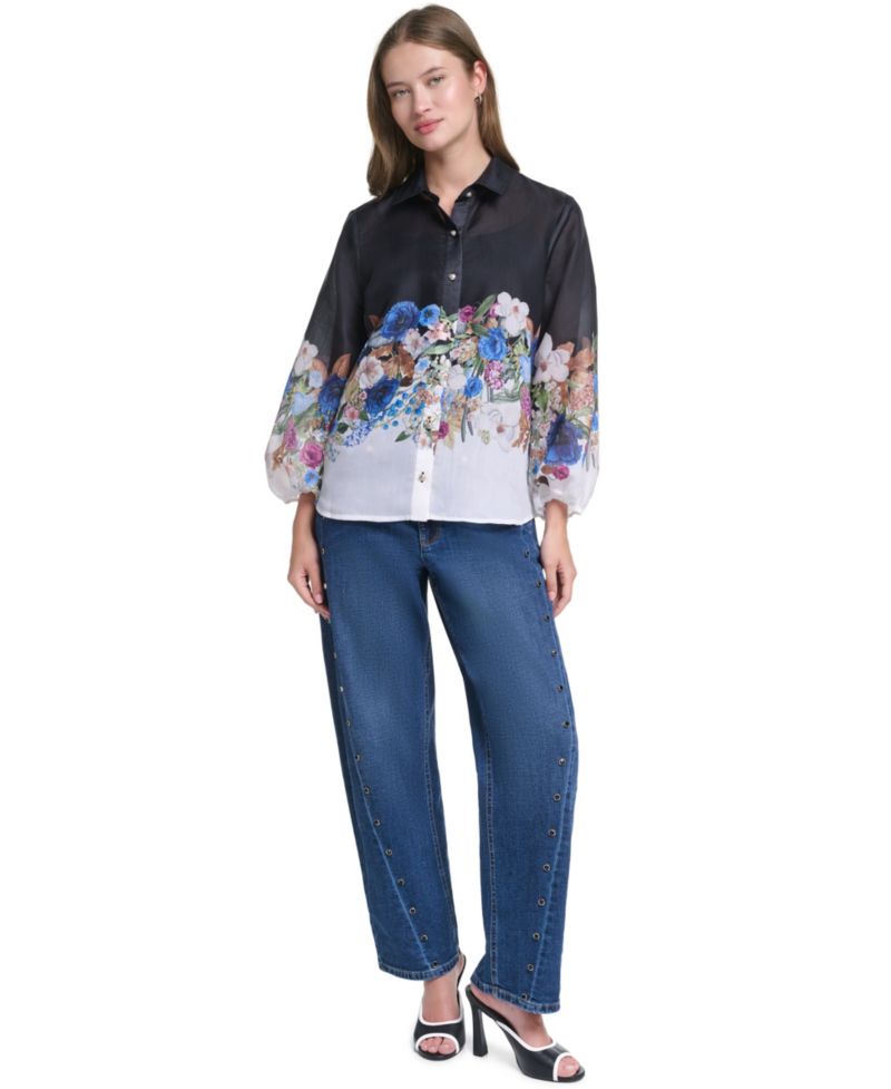 Women's Printed Organza Puff-Sleeve Blouse