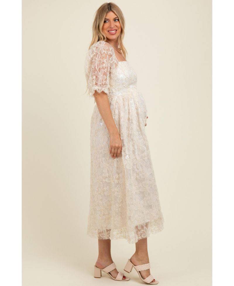 Women's Cream Floral Mesh Overlay Tie Back Midi Dress