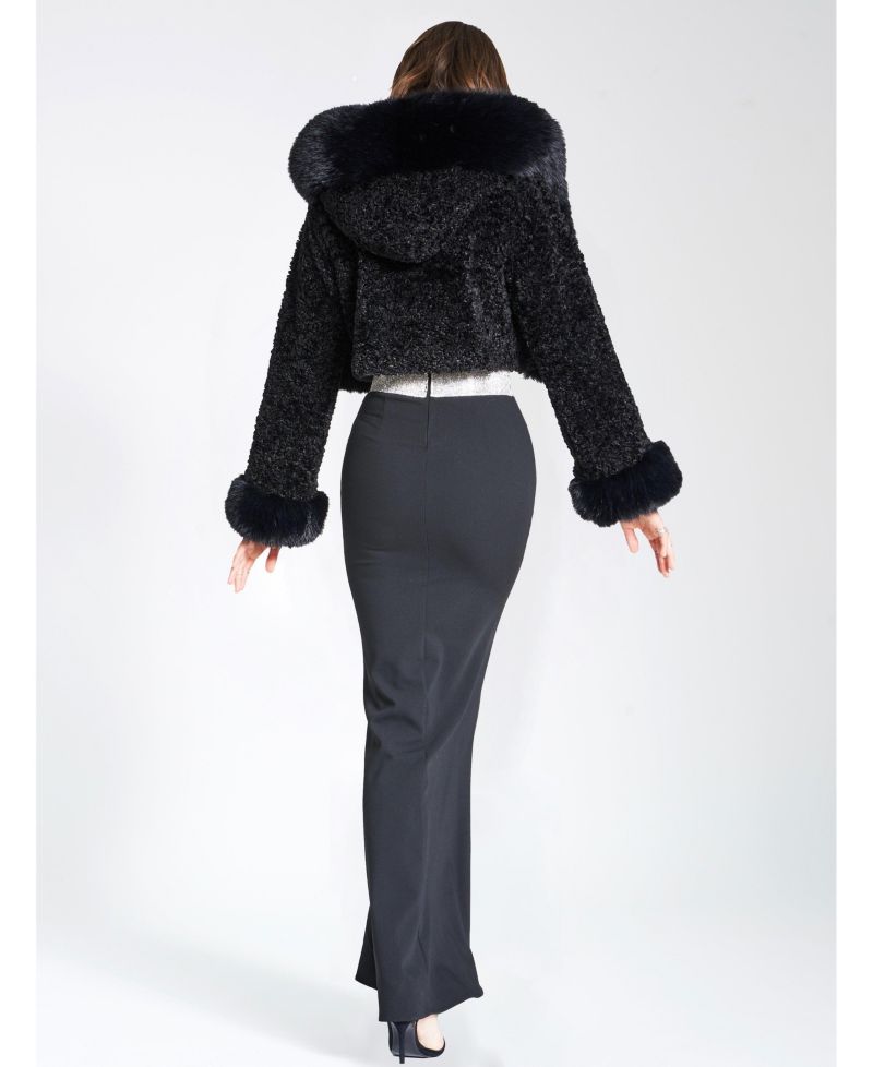 Women's Kali Black Cropped Faux Fur Jacket With Hood