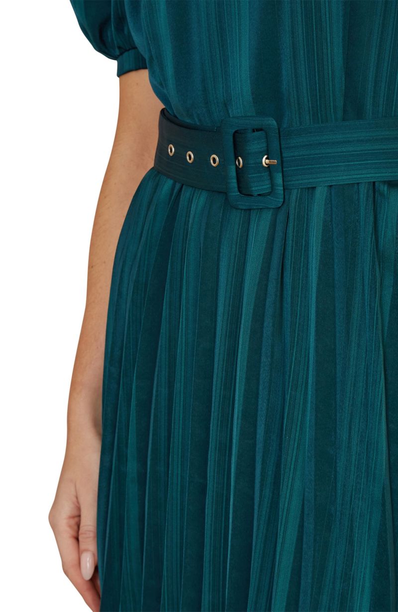 Women's Satin Pleated Stripe Midi Dress
