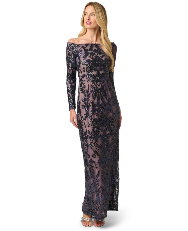 Petite Off-the-Shoulder Sequin Long-Sleeve Gown