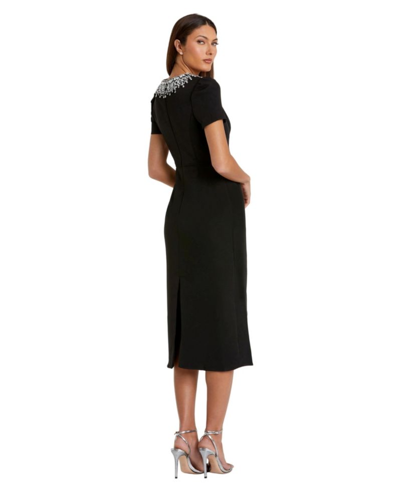 Petite Rhinestone-Embellished Midi High-Neckline Dress