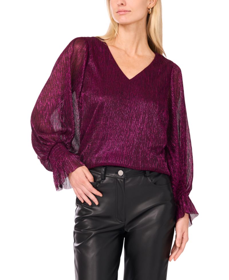 Women's Metallic V-Neck Sheer-Sleeve Top