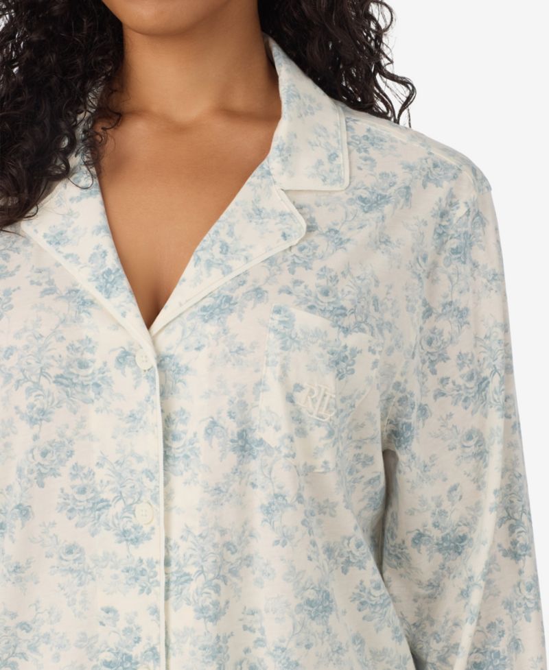 Plus Size Long-Sleeve Notch-Collar Floral-Print Top and Pajama Pants, 2-Piece Set