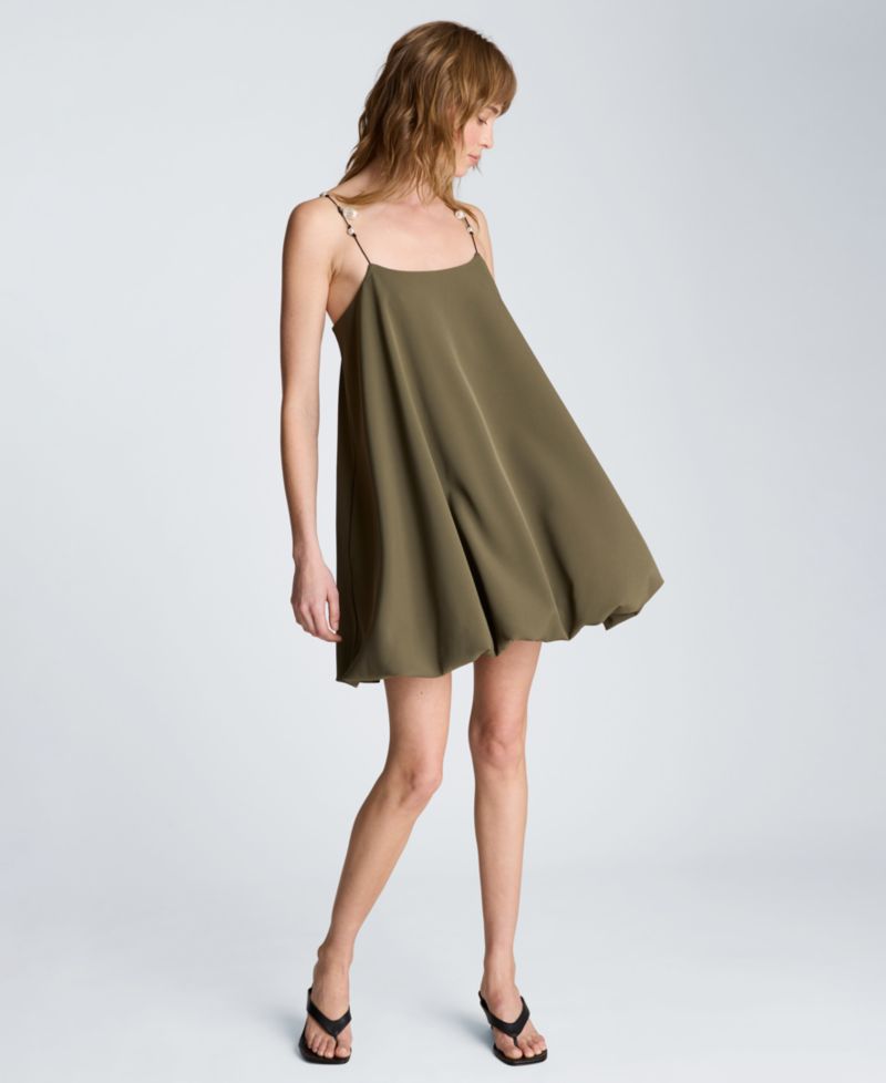 Women's Bubble Hem Mini Dress with Imitation Pearl Charm Straps