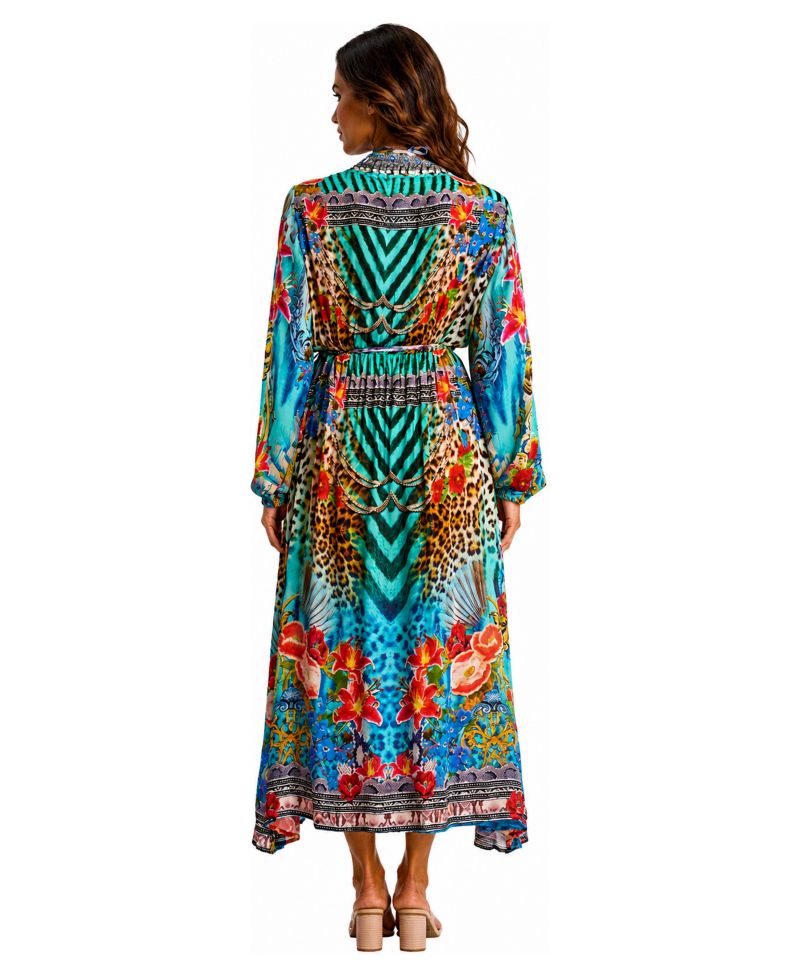 Women's Leopard-and-Floral-Print Long-Sleeve V-Neck Wrap Maxi Dress