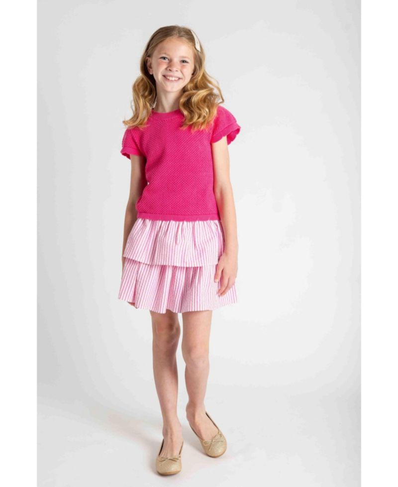 Big Girls Short Sleeve Sweater with Scallop Edges