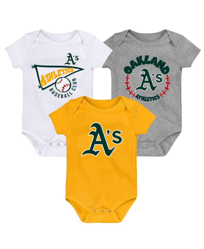 Infant Boys and Girls Gold, White, Heather Gray Oakland Athletics Biggest Little Fan 3-Pack Bodysuit Set
