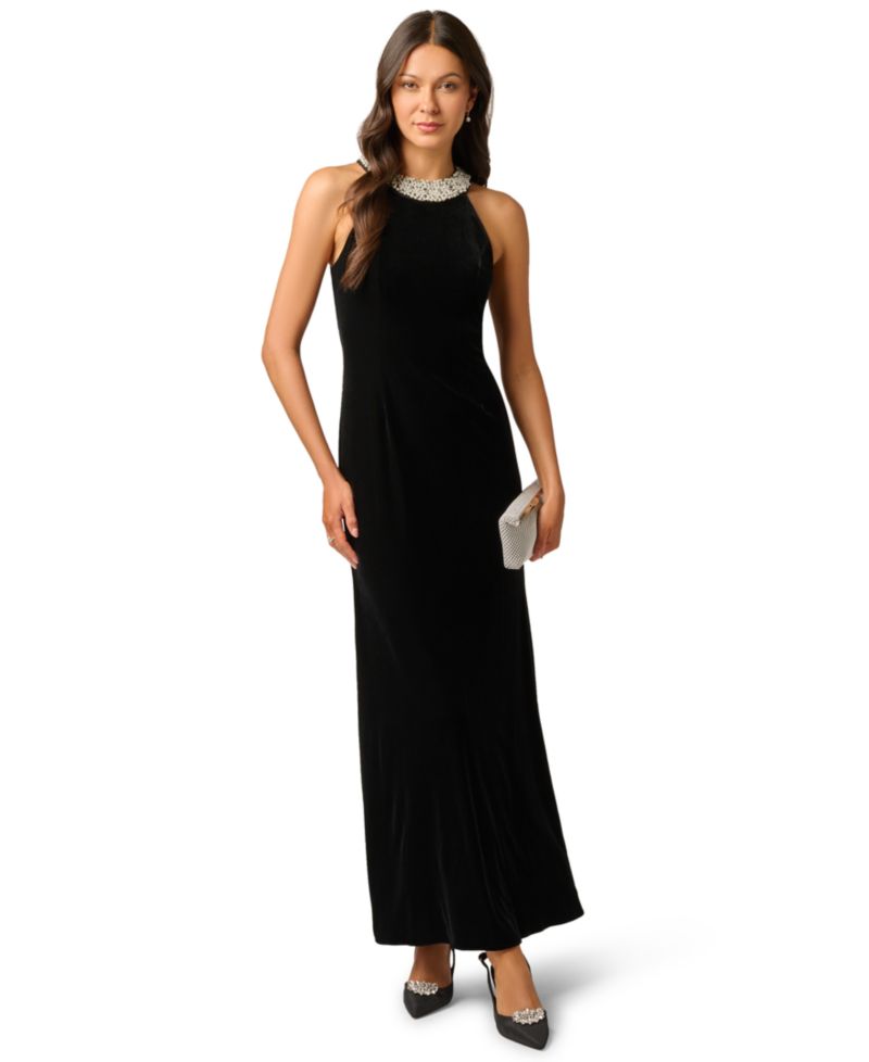 Women's Imitation Pearl Collar Velvet Halter Gown
