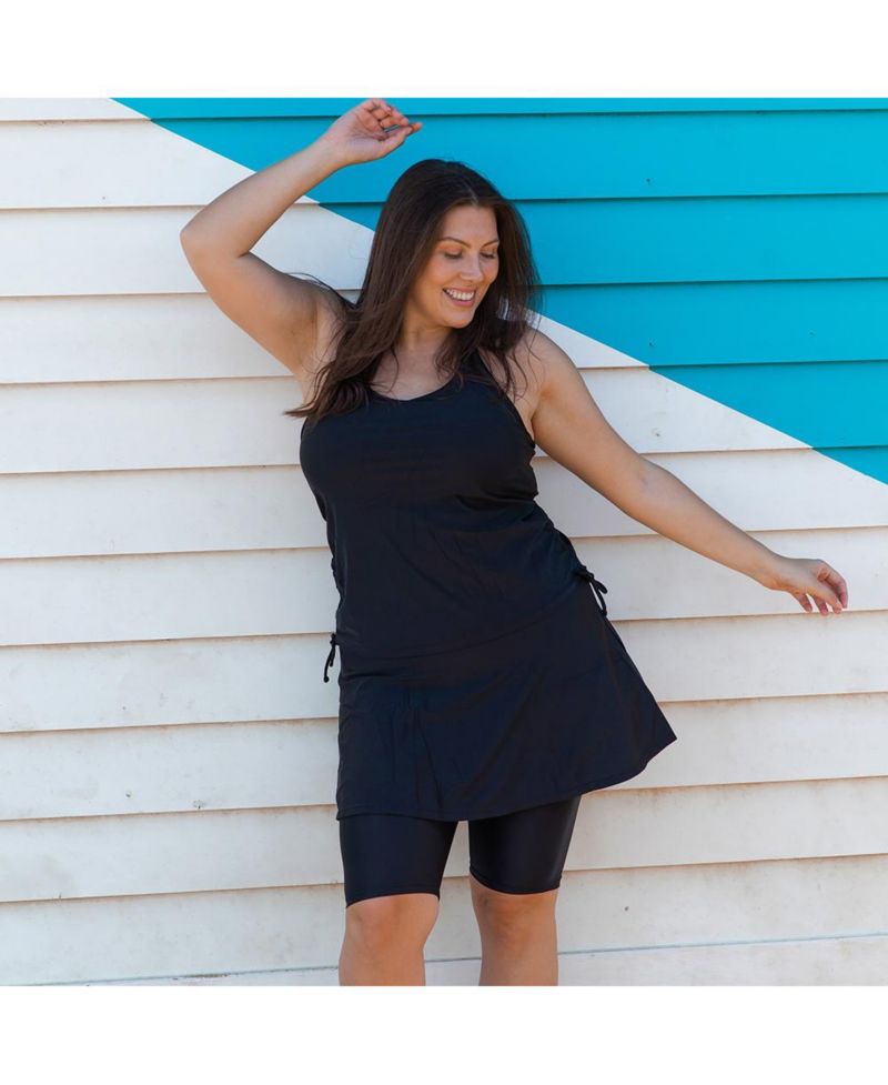 Plus Size Flared Mid-Thigh Swim Skirt With Bike Shorts