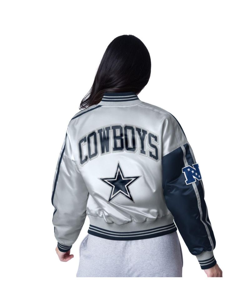 Women's Navy/Silver Dallas Cowboys Zone Blitz Cropped Full-Snap Satin Jacket