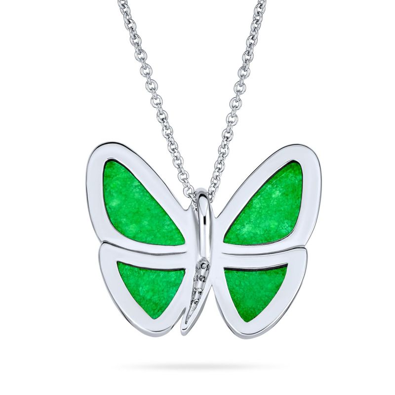 Green Malaysian Jade Quartz Garden Insect Butterfly Necklace Silver Plated