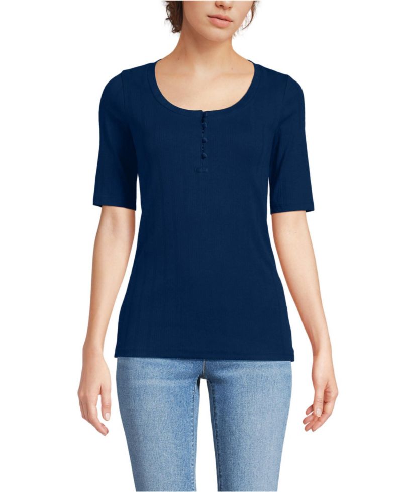 Women's Elbow Sleeve Variegated Micro Rib Scoop Neck Henley