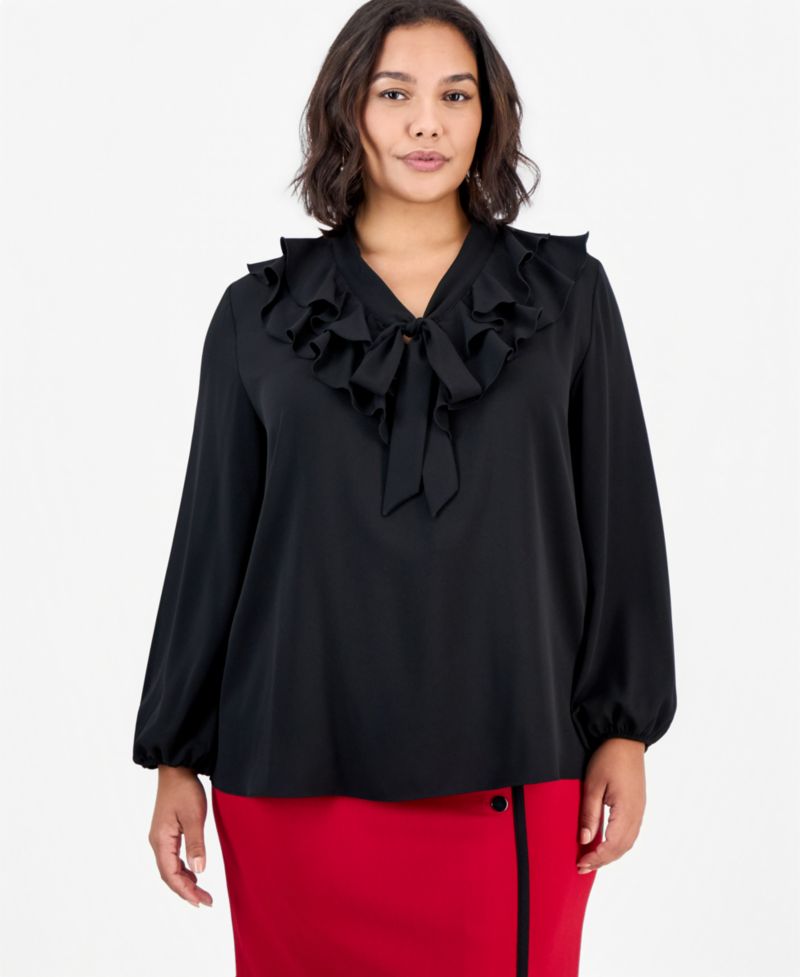 Plus Size Long-Sleeve Ruffle Front Blouse with Bow
