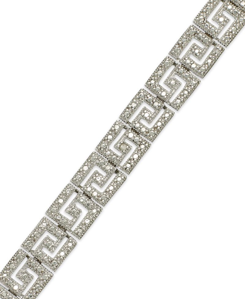 Diamond Accent Greek Key Bracelet in Silver Plate or Gold Plated Brass