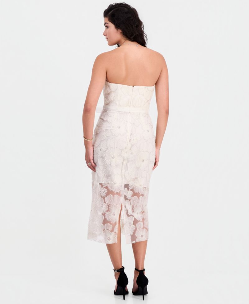 Women's Beaded Floral Strapless Midi Dress